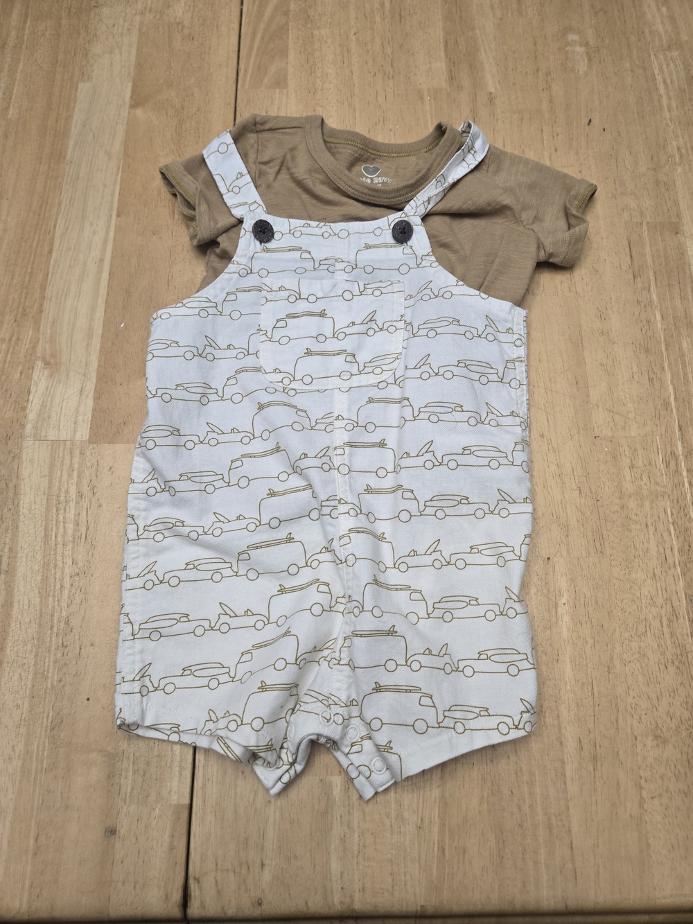 Toddler Cream Car-Print Short Overalls with Tan Tee